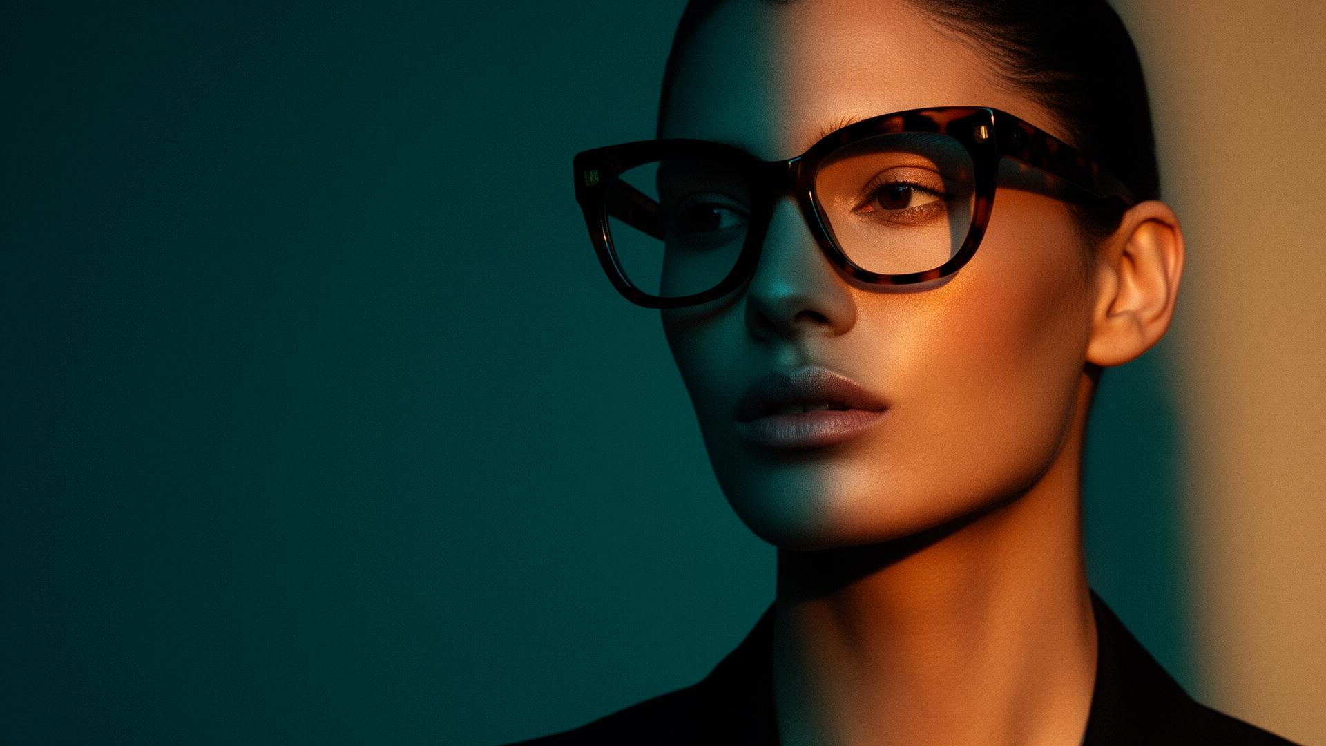 Editorial portrait of a person wearing bold designer optical frames in dramatic warm light